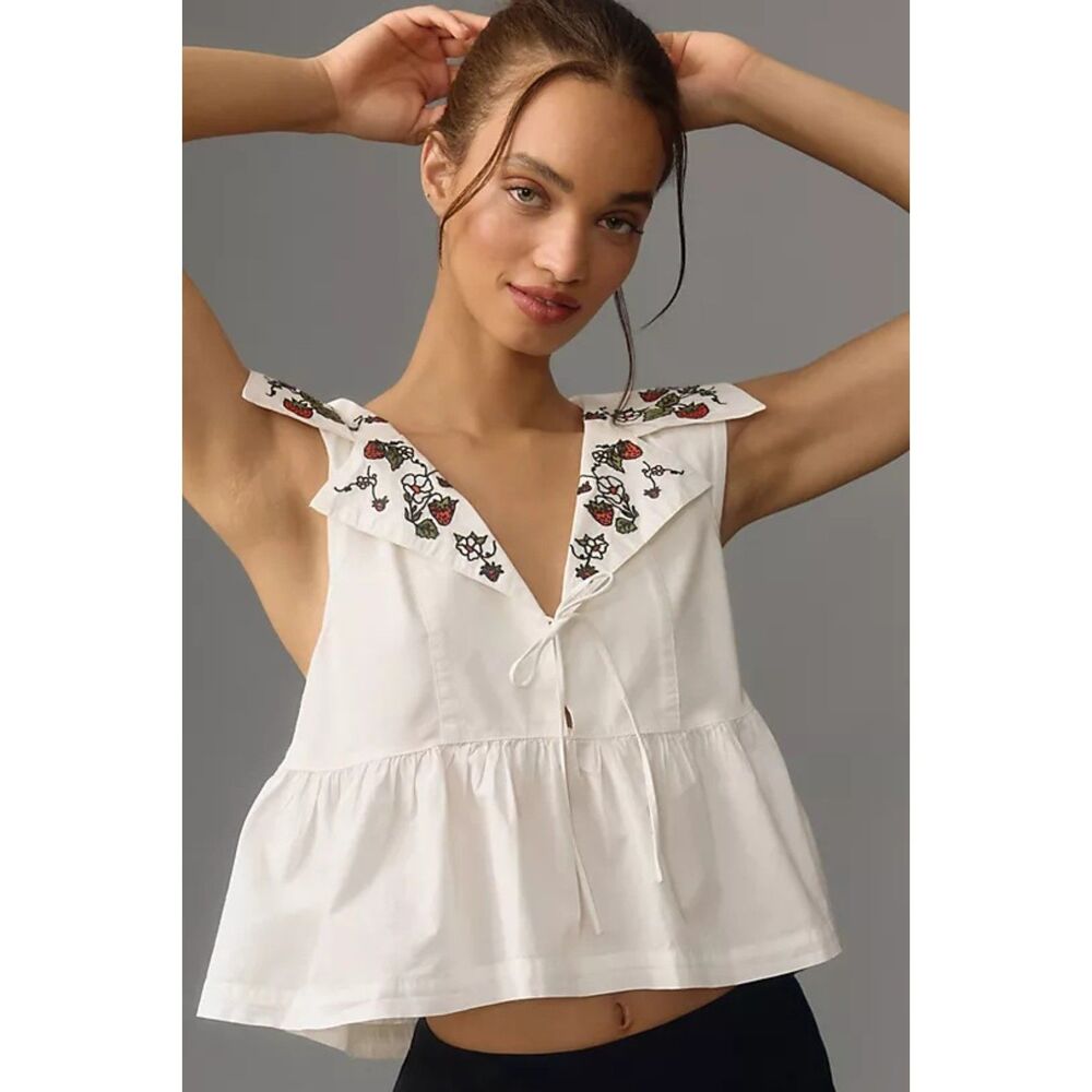 Maeve Anthropologie Top Strawberry Embroidery Tie Front Babydoll White Womens XS